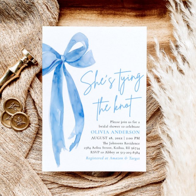 Blue Bow She's Tying the Knot Bridal Shower Invitation (Modern Blue Bow She's Tying the Knot Bridal Shower Invitation)