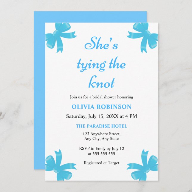 Blue Bow She's Tying the Knot Bridal Shower  Invitation (Front/Back)