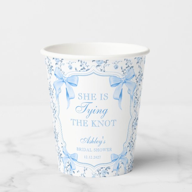 Blue Bow She's Tying the Knot Bridal Shower Paper Cups (Front)