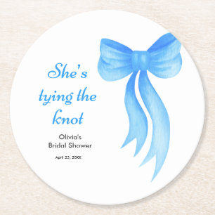 Blue Bow She's Tying the Knot Bridal Shower Round Paper Coaster