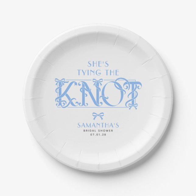 Blue Bow She's Tying the Knot Chic Bridal Shower Paper Plate (Front)