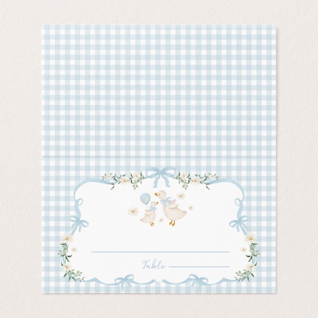 Blue Bow Silly Goose Boy Baby Shower Place Cards (Outside Unfolded)