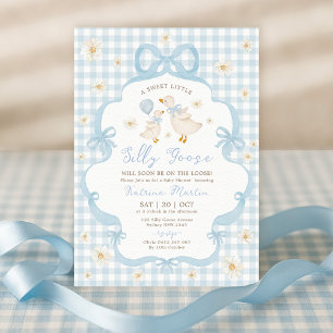 Blue Bow Silly Goose Daisy Floral Boy Baby Shower Invitation