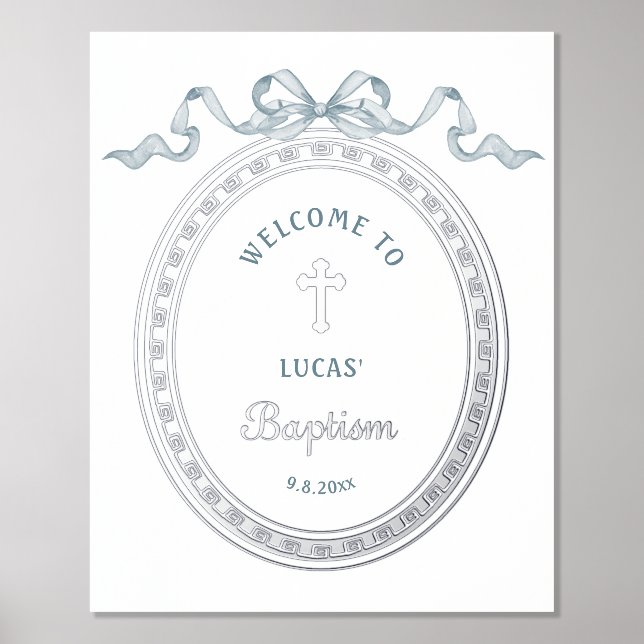 Blue Bow Silver Greek Frame Baptism Foil Poster (Front)