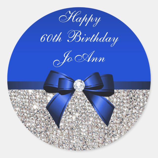 Blue Bow Silver Sequins Birthday Classic Round Sticker (Front)