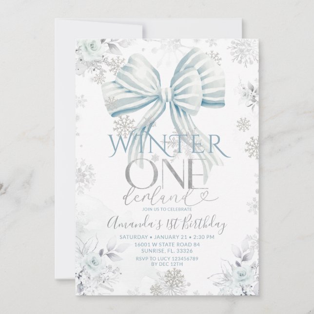 Blue Bow Silver Snow Winter Onederland Birthday Invitation (Front)