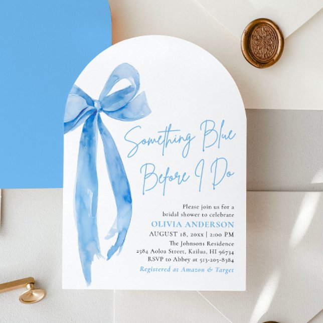 Blue Bow Something Blue Before I Do Bridal Shower Invitation (Modern Watercolor Blue Bow Something Blue Before I Do Arch Bridal Shower Invitation)