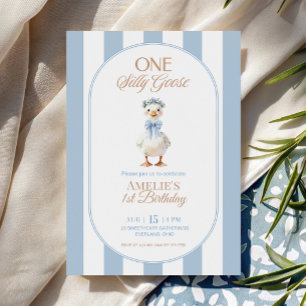 Blue Bow Stripes Silly Goose birthday Invitation