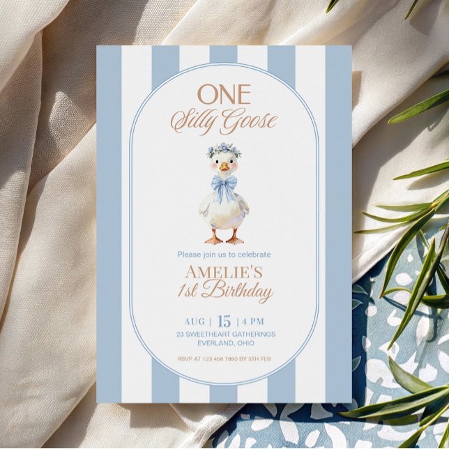 Blue Bow Stripes Silly Goose birthday Invitation (Creator Uploaded)