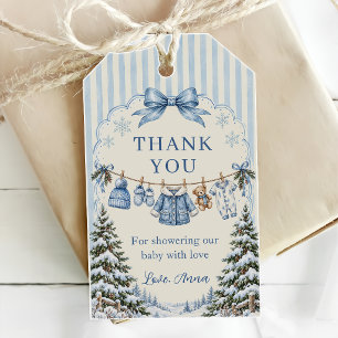 Blue Bow Stripes Teddy Bear Christmas Party Gift Tags