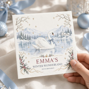 Blue Bow Swan Winter Wonderland Birthday Napkin