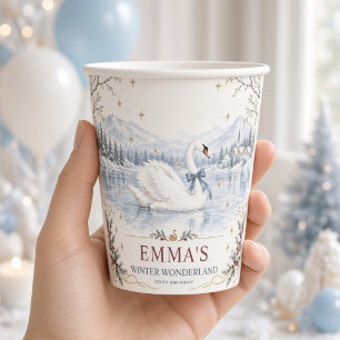 Blue Bow Swan Winter Wonderland Birthday Paper Cups