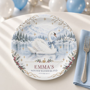 Blue Bow Swan Winter Wonderland Birthday Paper Plate