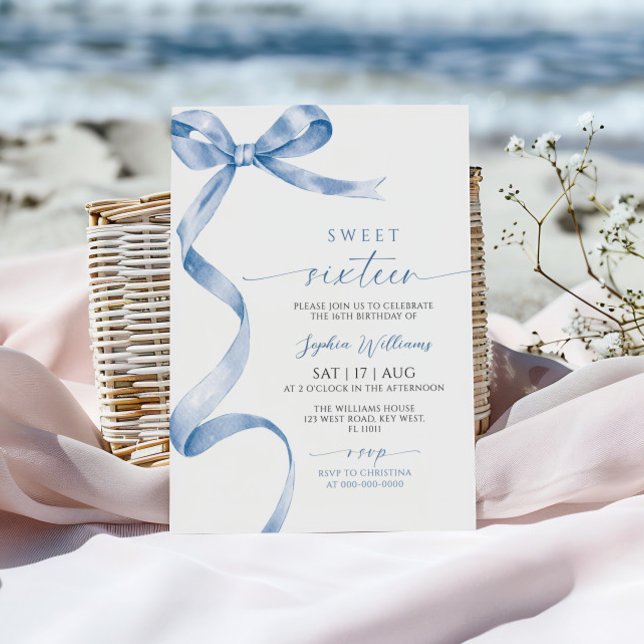 Blue Bow Sweet 16 Birthday Invitation (Creator Uploaded)