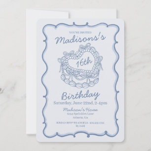Blue Bow Sweet 16 Heart Coquette Cake Birthday Invitation