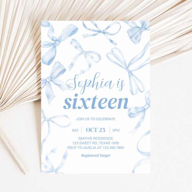 Blue Bow Sweet 16th Birthday Party  Invitation (Coquette Blue Bow Sweet Sixteen Birthday Party Invitation)