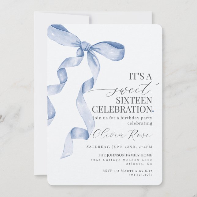Blue Bow Sweet Sixteen Birthday Party Invitation (Front)