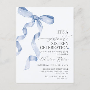 Blue Bow Sweet Sixteen Birthday Party Invitation Postcard