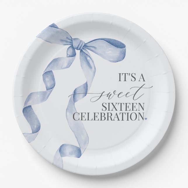Blue Bow Sweet Sixteen Birthday Party Shower Decor Paper Plate (Front)