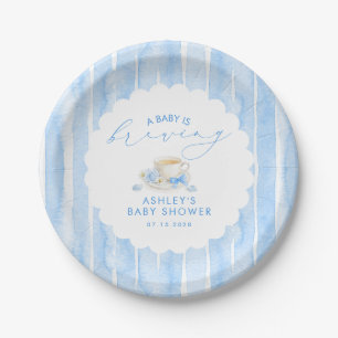 Blue Bow Tea Baby Is Brewing Boy Baby Shower Paper Plate