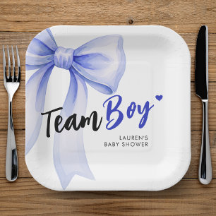 Blue Bow Team Boy Ribbon Cute Baby Shower Paper Plate