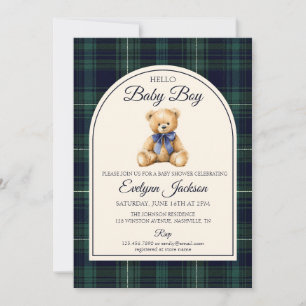 Blue Bow Teddy Bear All In One Boy Baby Shower Invitation