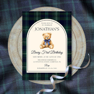 Blue Bow Teddy Bear Tartan Birthday Invitation