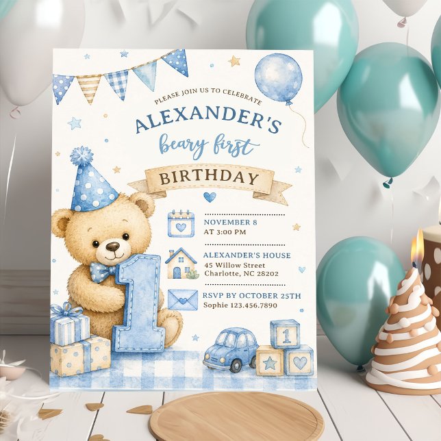 Blue Bow Teddy Bear Tartan Birthday Invitation (Creator Uploaded)