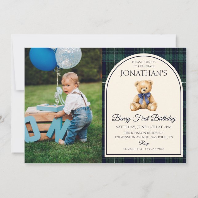Blue Bow Teddy Bear Tartan Photo Birthday Invitation (Front)