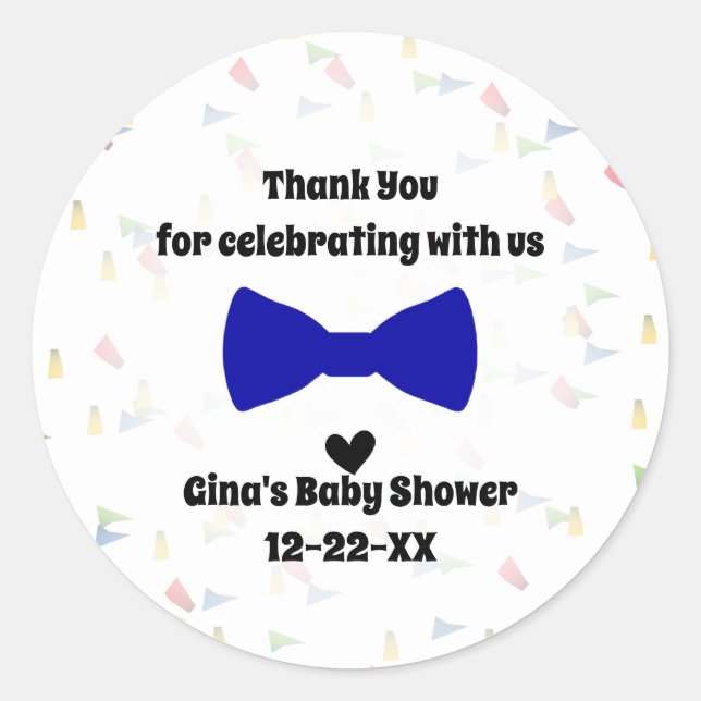 Blue Bow Tie Baby Boy Shower Favour Classic Round Sticker (Front)