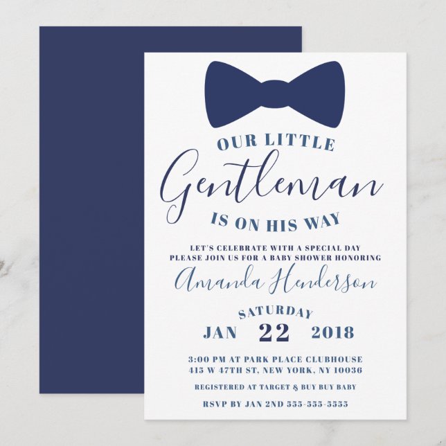 Blue Bow Tie Gentleman Baby Shower Invitation (Front/Back)