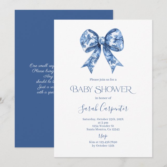 Blue Bow Toile Baby Shower Boy Invitation (Front/Back)