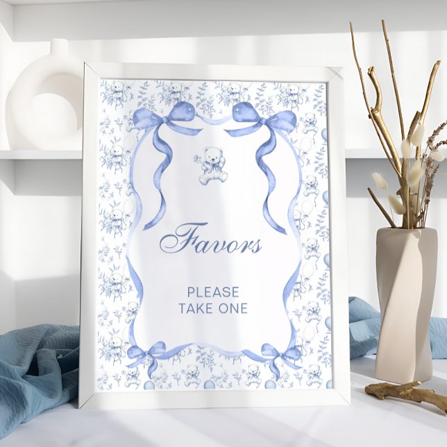 Blue Bow Toile Bear Baby Shower Favours Poster (Creator Uploaded)