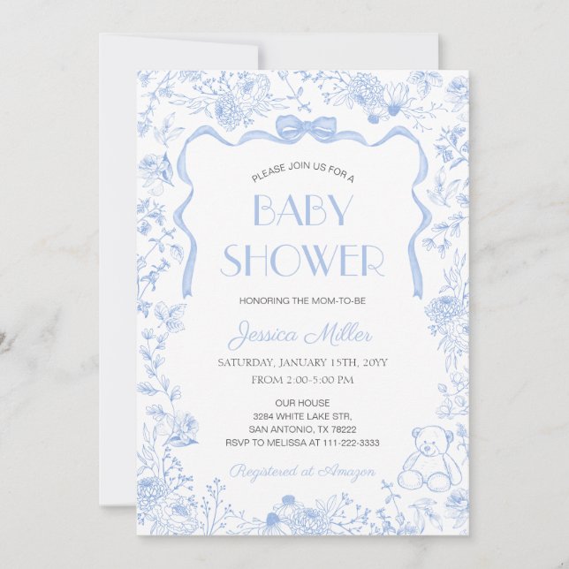 Blue Bow Toile De Jouy Boy Baby Shower Invitation (Front)