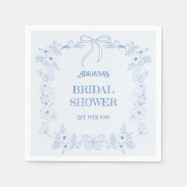 Blue Bow Toile Floral Bridal Shower  Napkin (Front)
