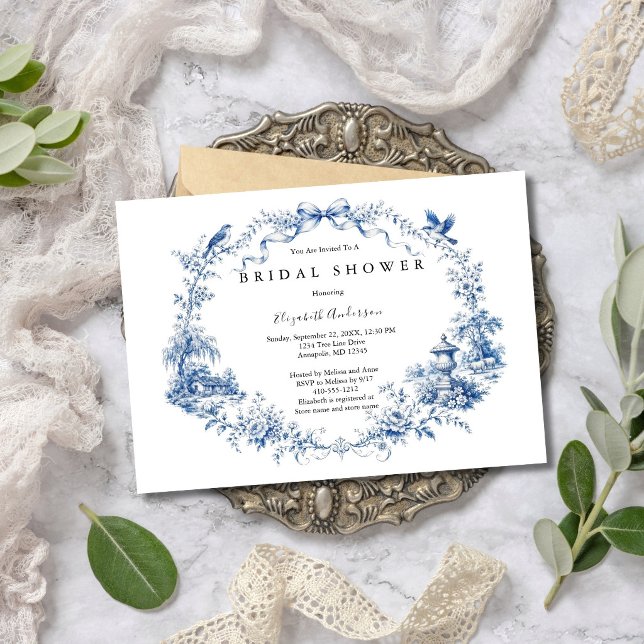 Blue Bow Toile Garden Bridal Shower  Invitation (Blue Bow Blue White Toile Watercolor Florals Bridal Shower Invitation. Printed or Digital)