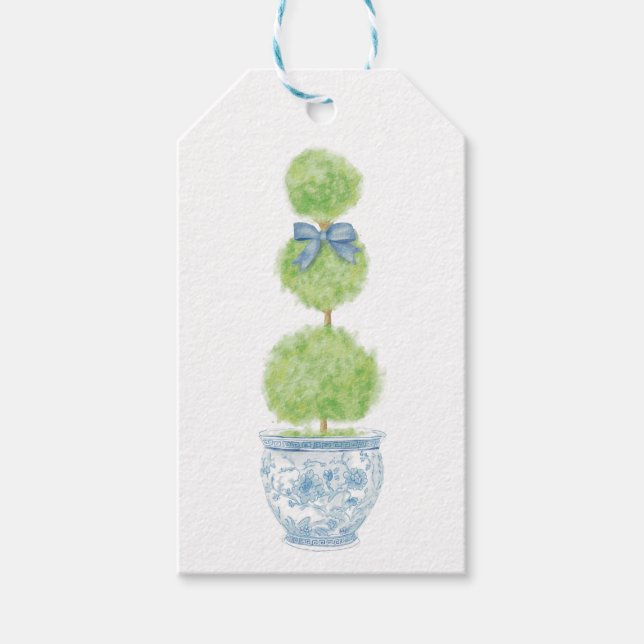 Blue Bow Topiary Gift Tag Chinoiserie (Front)