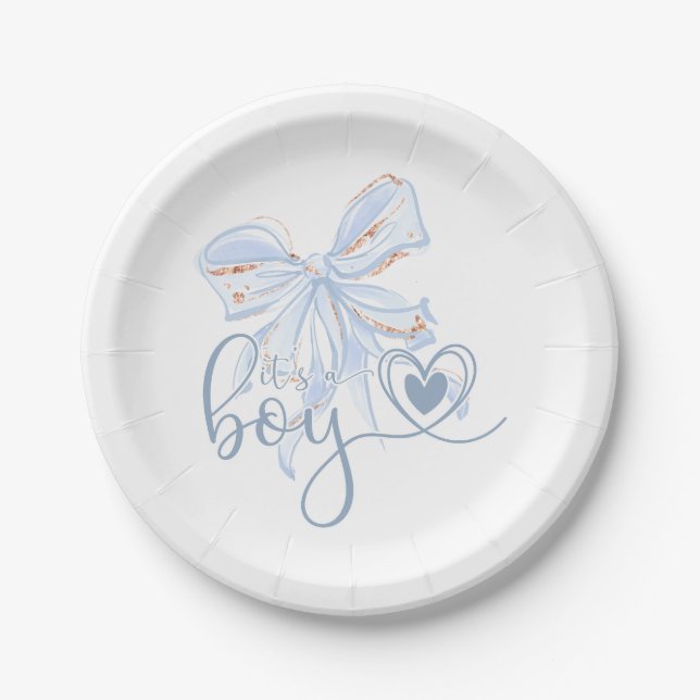 Blue Bow Trendy It's a Boy Baby Shower Paper Plate (Front)