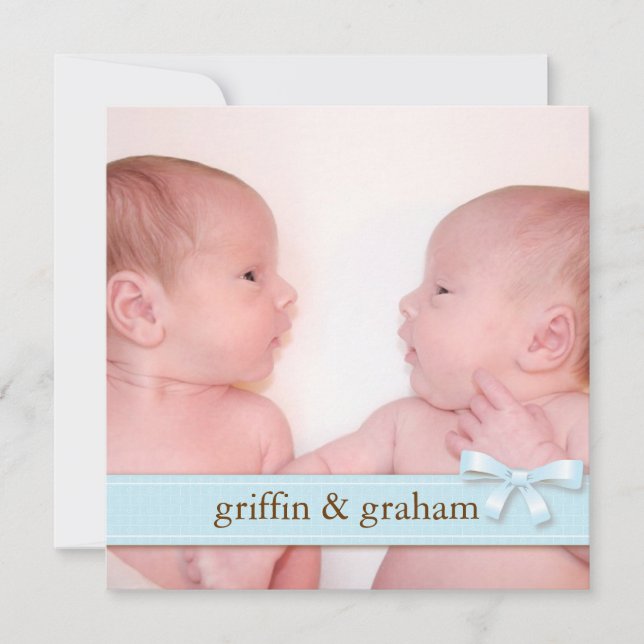 Blue Bow Twin Boys Baby Photo Birth Announcement (Front)