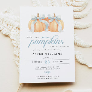 Blue Bow Twin Boys Pumpkin Baby Shower Invitation