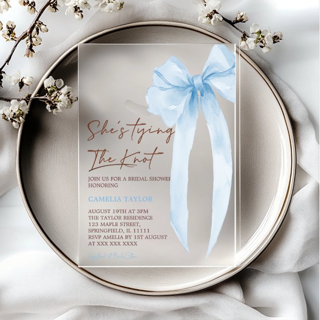 Blue Bow Tying the Knot Bridal Shower Acrylic Invitations (Creator Uploaded)