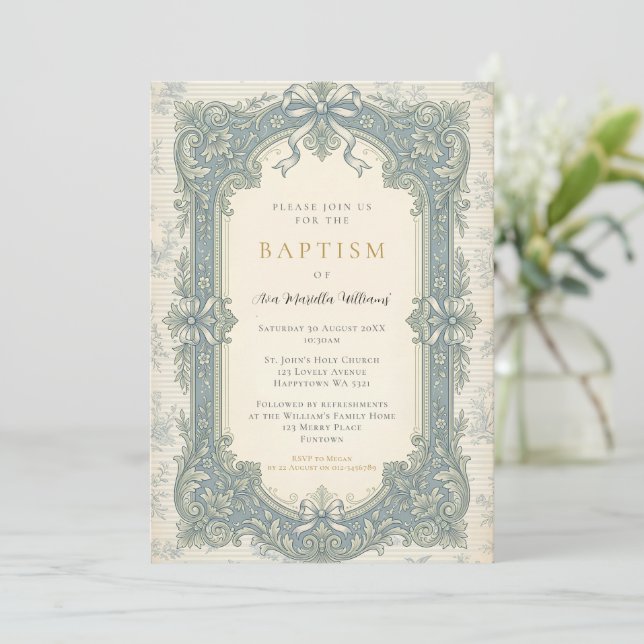 Blue Bow Vintage Baptism Invitation (Standing Front)