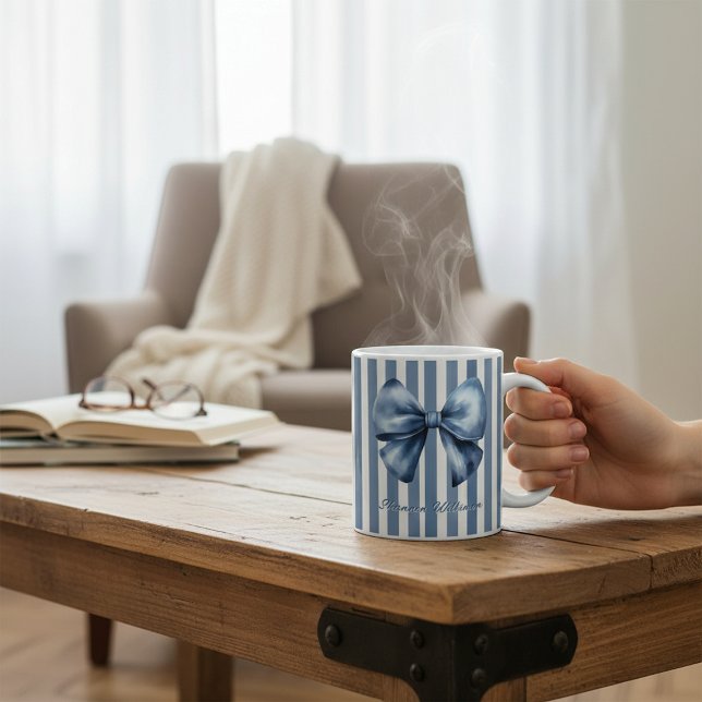 Blue Bow Watercolor Stripe Design Coffee Mug (Creator Uploaded)