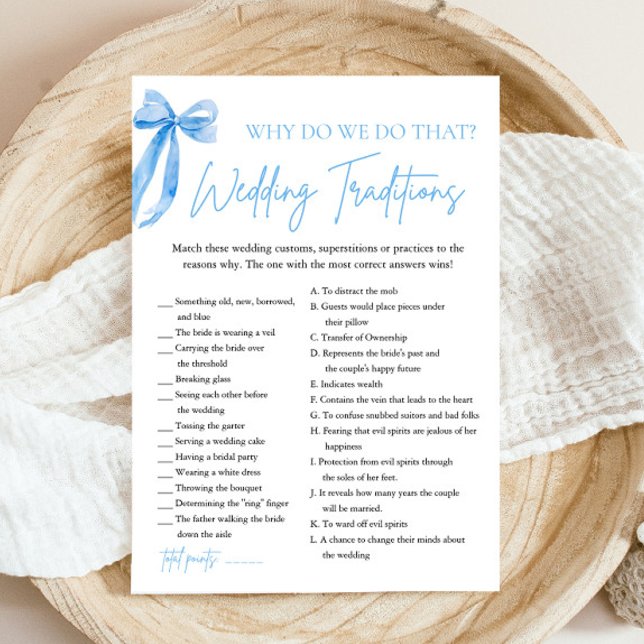 Blue Bow Wedding Traditions Bridal Shower Game Invitation (Watercolor Blue Bow Wedding Traditions Bridal Shower Game)