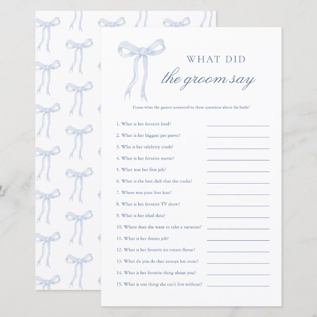 Blue Bow What Did The Groom Say Pink Bridal Game (Front/Back)