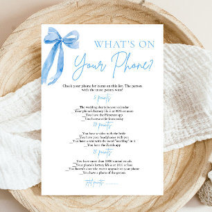 Blue Bow What's On Your Phone Bridal Shower Game Invitation