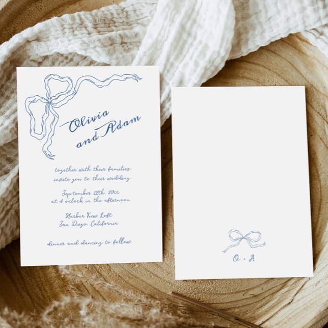 Blue Bow Whimsical Handwritting Elegant Wedding Invitation (Creator Uploaded)