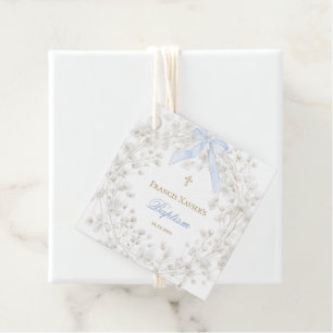 blue bow white baby's breath flowers Baptism Favour Tags