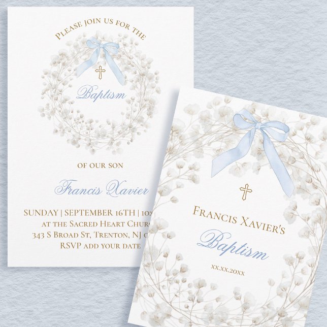  blue bow white baby's breath flowers Baptism Invitation (Creator Uploaded)