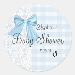 Blue Bow, White Lace and Blue Gingham Baby Shower- Classic Round Sticker